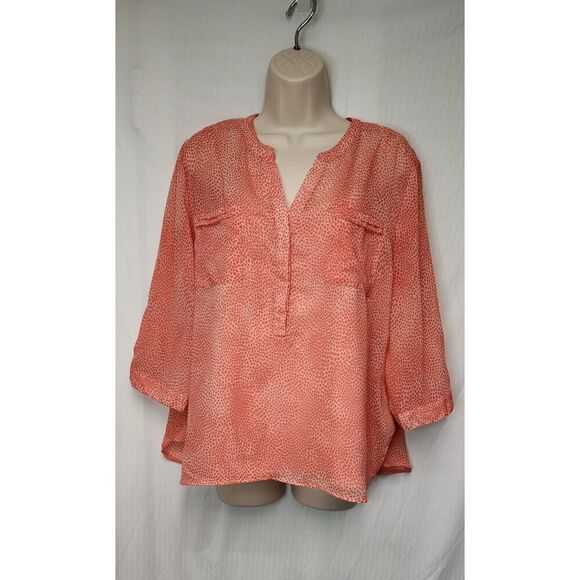 APT.9 Women's Noched V-Neck Roll-Tab 3/4 Sleeve Multi-Orange Sheer Blouse XLP - Picture 2 of 12